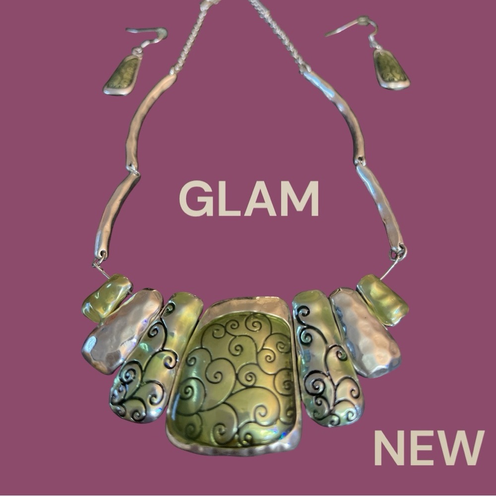 Glam Olive and Silver Statement Necklace set